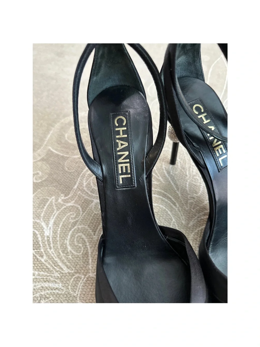 CHANEL Black Satin Crisscross Open-Toe Ankle-Strap Heels with Gold Hardware
